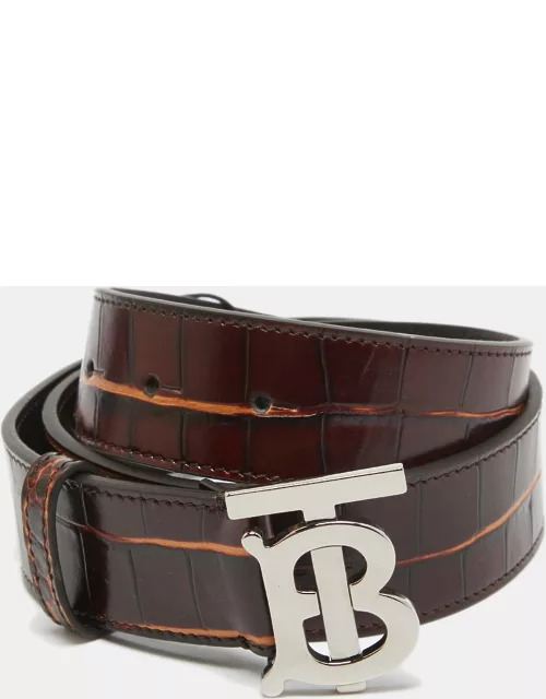 Burberry Dark Brown Croc Embossed Leather TB Buckle Belt 80C