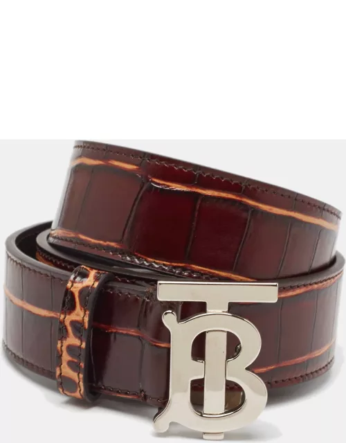 Burberry Brown Croc Embossed Leather TB Buckle Belt 80C