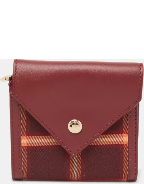 Burberry Burgundy Tartan Check Nylon and Leather Lila Trifold Compact Wallet