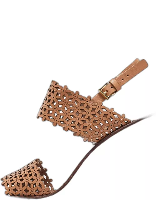Tory Burch Beige Perforated Leather Daisy Cork Wedge Sandal