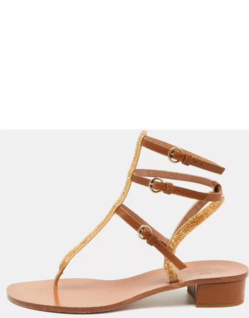 Valentino Brown Leather And Glitter Thong Flat Sandal