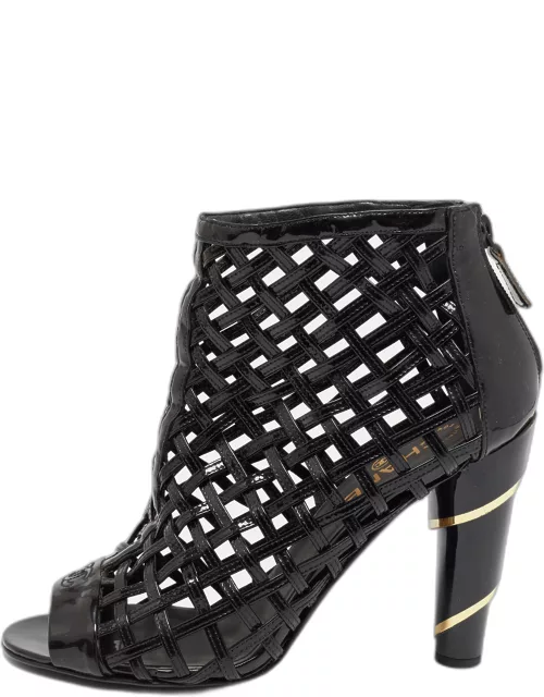Chanel Black Patent Leather Open Toe Cage Ankle Boot