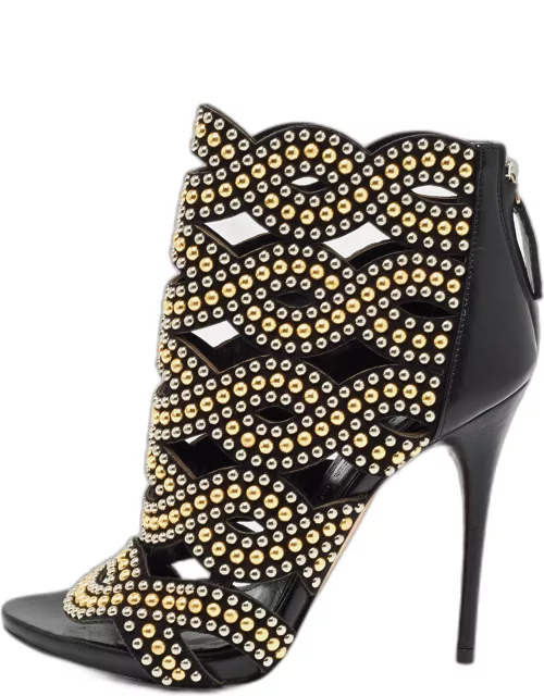 Alexander McQueen Black Leather Studded Peep Toe Ankle Boot