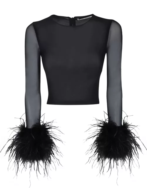 Alice + Olivia Feather Mesh Top In Black