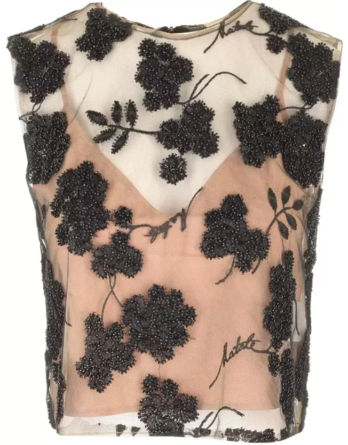 Rotate by Birger Christensen Black Floral Beaded Top
