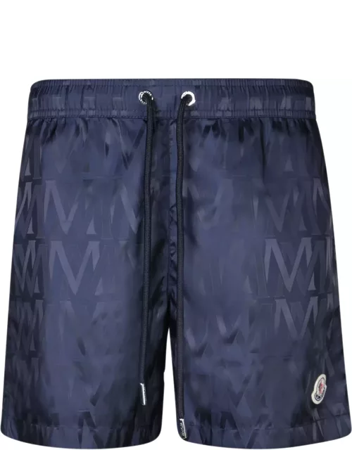 Moncler Navy Blue Swim Shorts With Monogram Motif