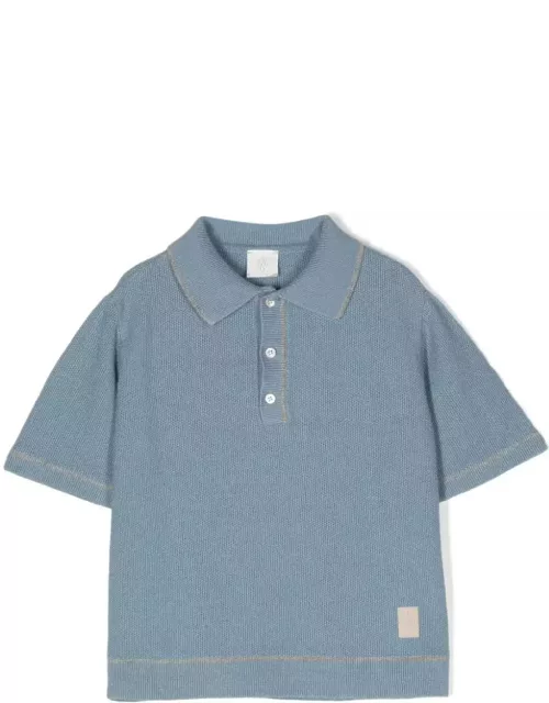 Eleventy Dusty Blue Knitted Polo Shirt With Grey Stripe