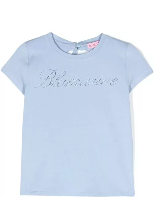 Miss Blumarine Light Blue T-shirt With Rhinestone Logo And Ruffle Detai