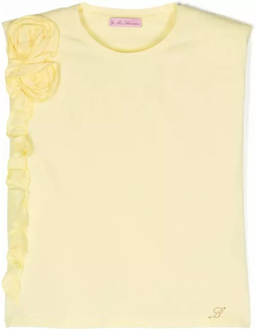 Miss Blumarine Pastel Yellow T-shirt With Flowers And Ruffle