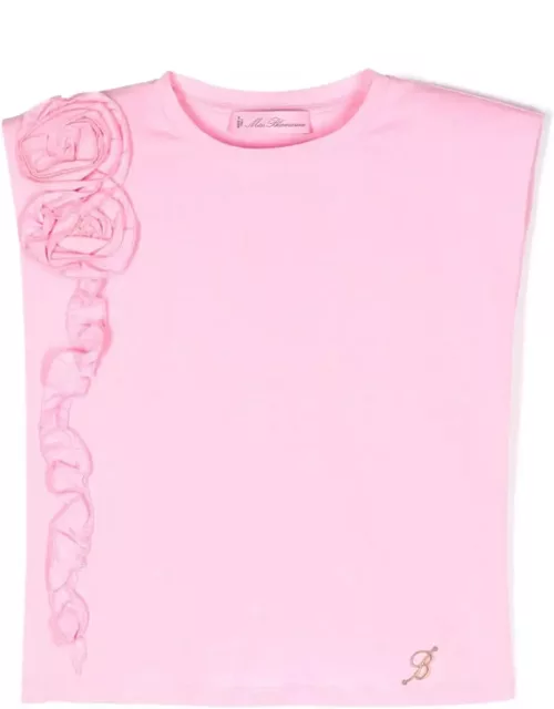 Miss Blumarine Pink T-shirt With Flowers And Ruffle