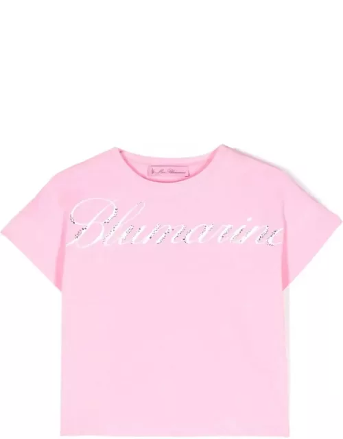 Miss Blumarine Pink T-shirt With Logo Print With Rhinestone