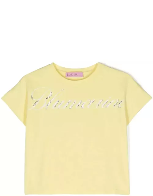 Miss Blumarine Pastel Yellow T-shirt With Logo Print With Rhinestone