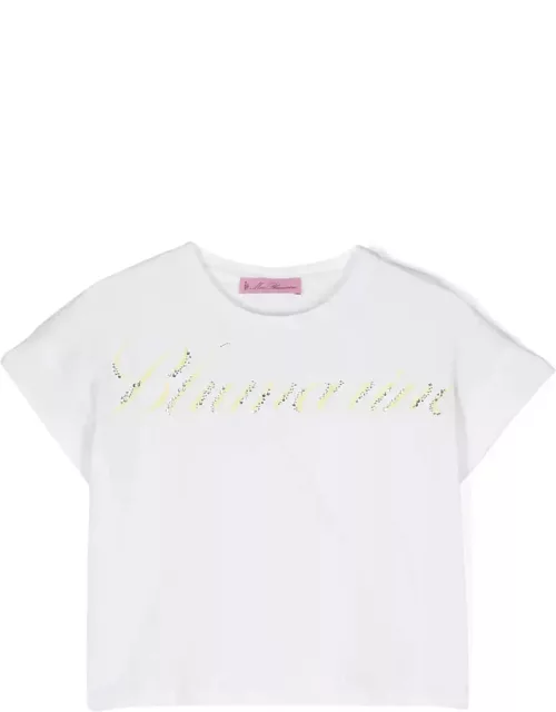 Miss Blumarine White T-shirt With Logo Print With Rhinestone