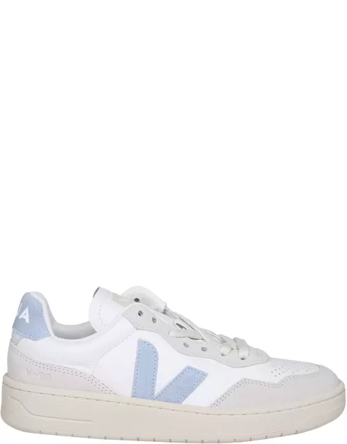 Veja V 90 Sneakers In White And Light Blue Leather And Suede