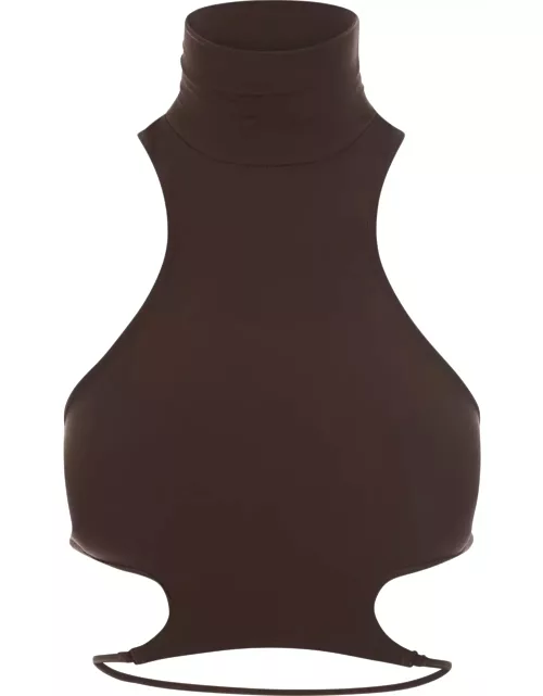 ANDREĀDAMO Brown High Neck Crop Top With Cut-out