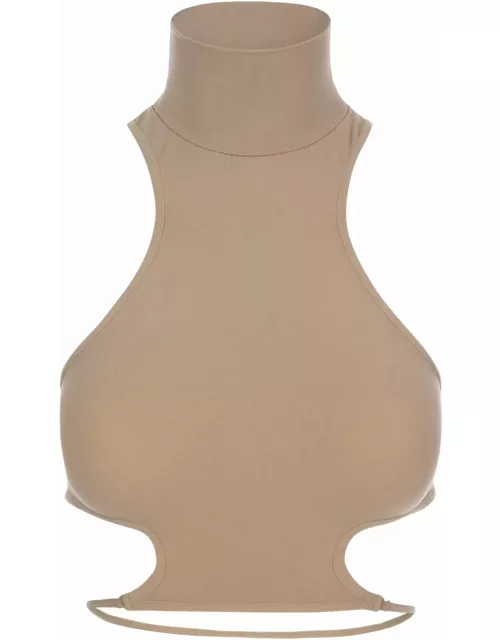 ANDREĀDAMO Beige High Neck Crop Top With Cut-out