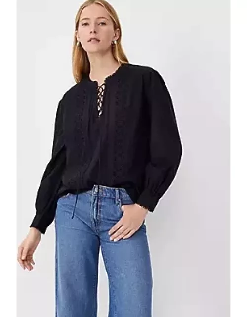 Ann Taylor Embroidered Lace Up Popover Top
