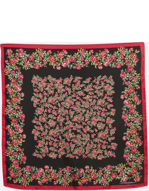 Dolce & Gabbana Black/Pink Roses Print Silk Square Scarf