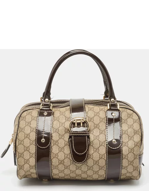 Gucci Brown/Beige GG Supreme Canvas and Patent Leather Buckle Flap Boston Bag