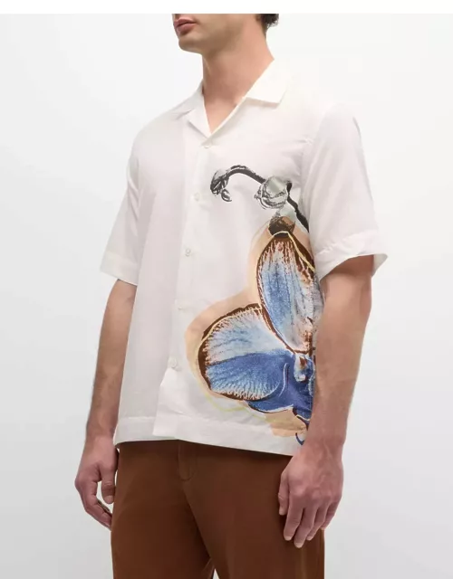 Men's Linen-Cotton Pop Art Orchid-Print Camp Shirt