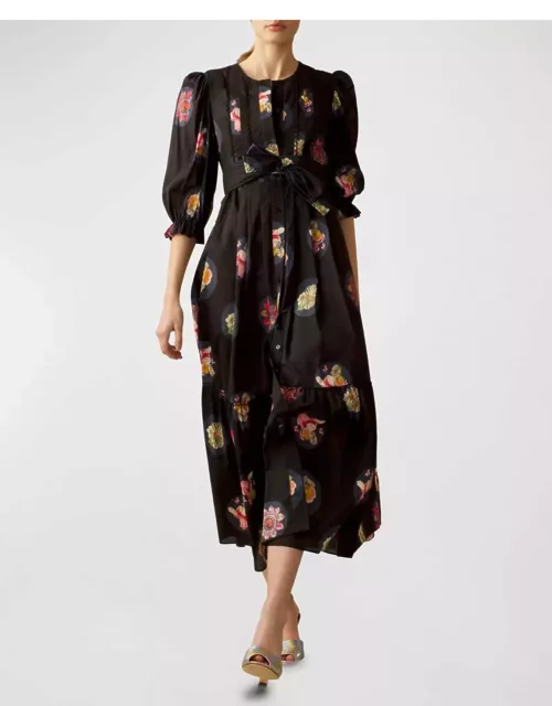 Pintuck Floral-Print Blouson-Sleeve Midi Dres