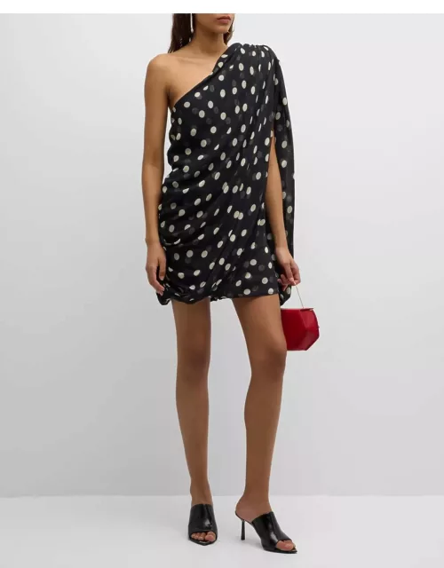 Polka Dot-Print Draped Chiffon Strong One-Shoulder Mini Dres
