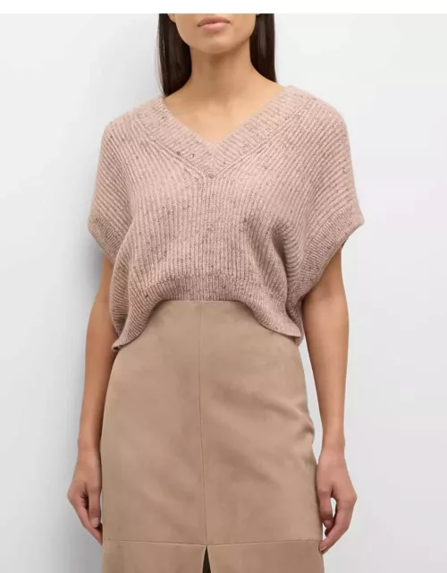 Mohair Melange Knit V-Neck Cap-Sleeve Crop Sweater