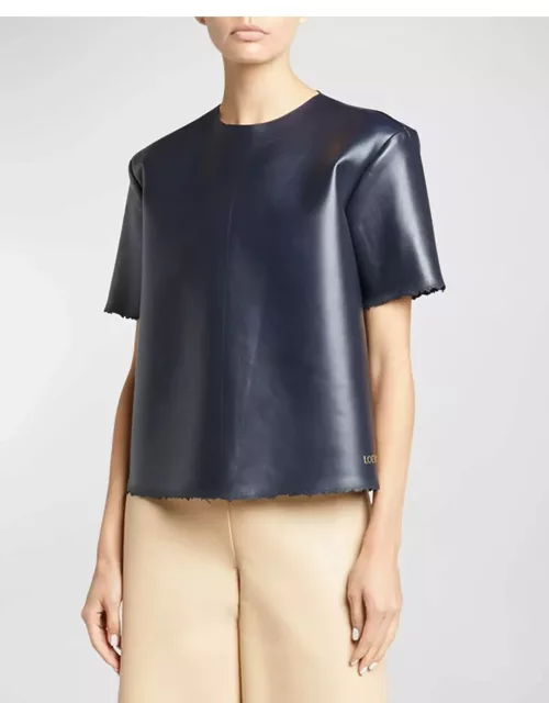 Distressed Leather Short-Sleeve Boxy T-Shirt