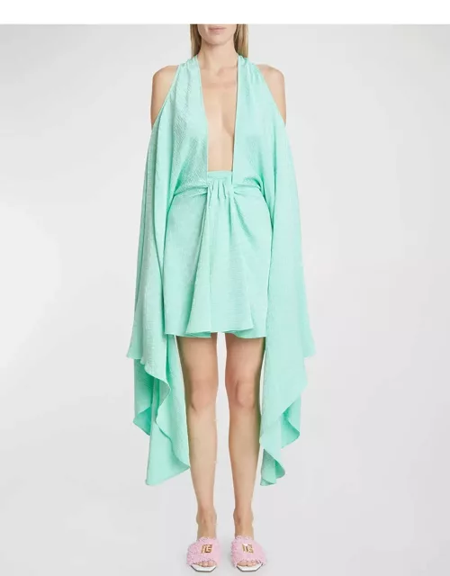 Plunging Monogram Jacquard Cape-Sleeve Cold-Shoulder Mini Kaftan Dres