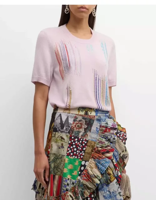 Crystal Embellished Short-Sleeve Cashmere Knit Pullover