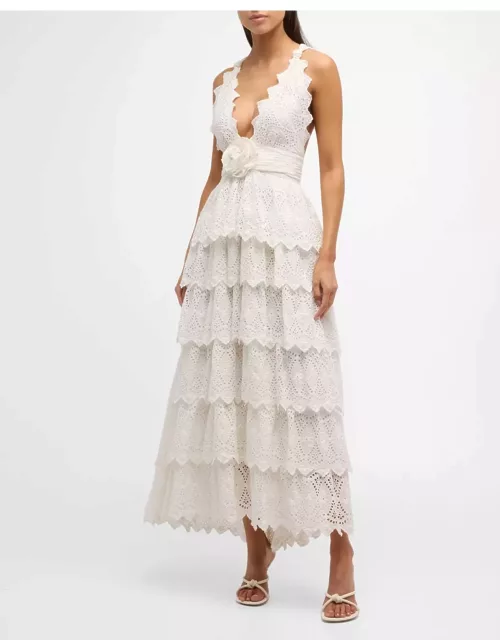 Nevis Embroidered Cutwork Sleeveless Plunge Fit & Flare Midi Dres