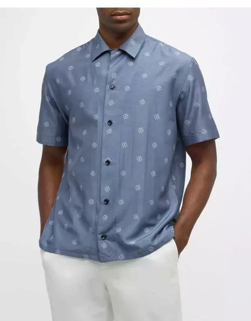 Men's Cotton-Silk Geometric-Print Camp Shirt