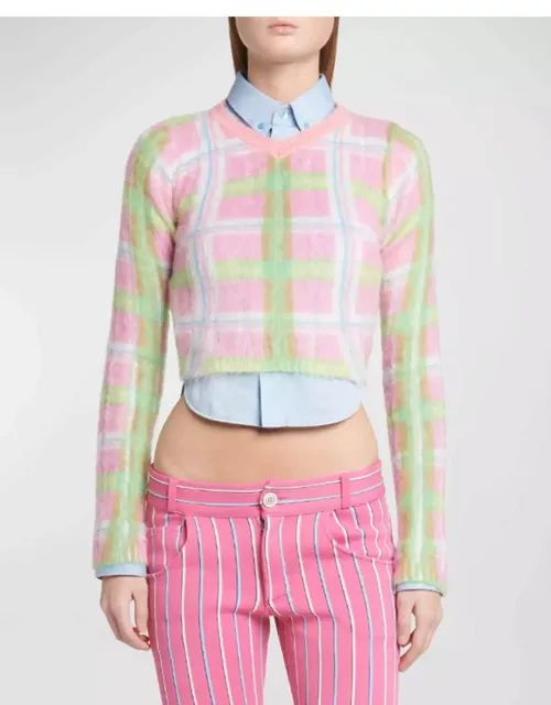 Lightweight Plaid Mohair Cropped Knit Sweater