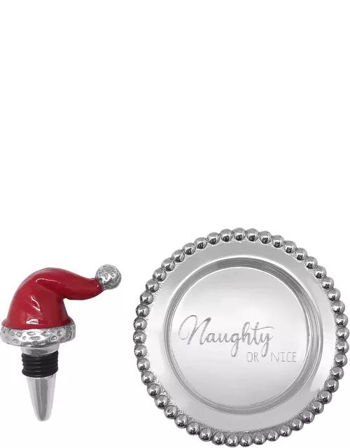 Red Santa Hat Bottle Stopper & Naughty Or Nice Wine Plate Gift Set