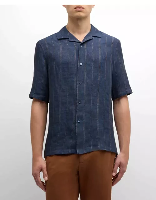 Men's Linen Embroidered Stripe Camp Shirt