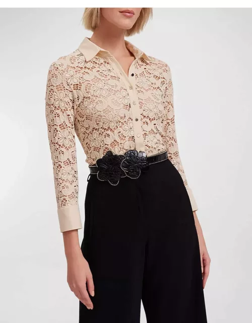 Amazone Button-Down Floral Lace Shirt