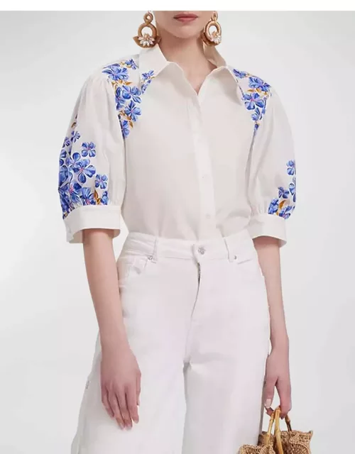 Heloise Puff-Sleeve Floral-Print Poplin Shirt