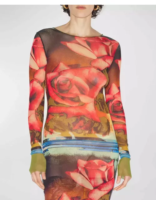Roses-Print Long-Sleeve Mesh Maxi Dres