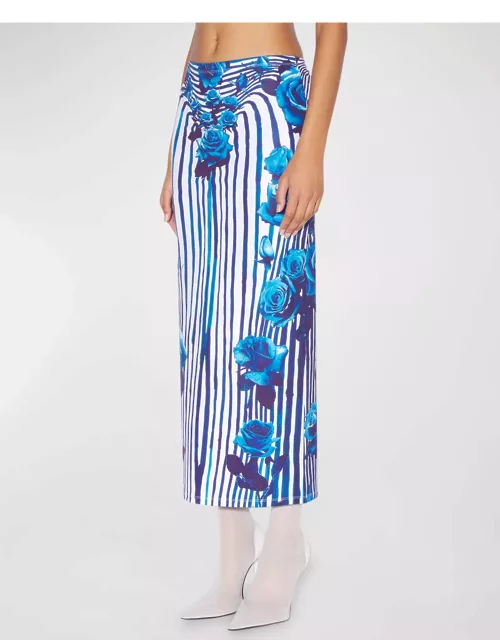 Flower Body Morphing Print Jersey Maxi Skirt