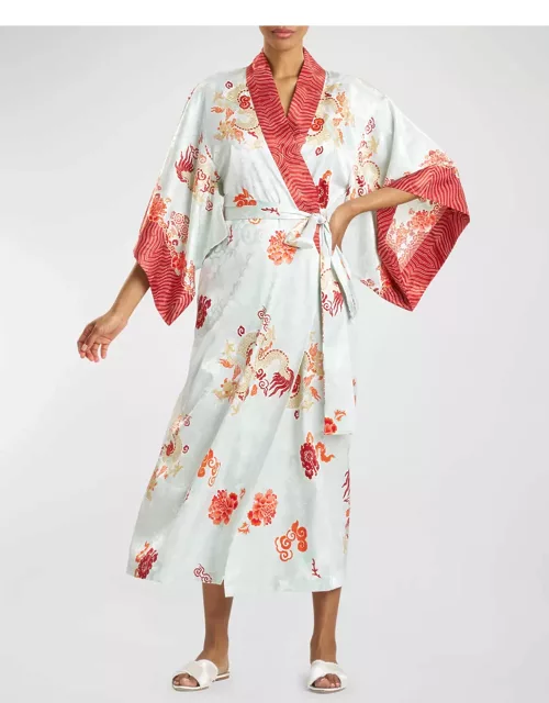 Kimono-Sleeve Dragon Jacquard Satin Robe