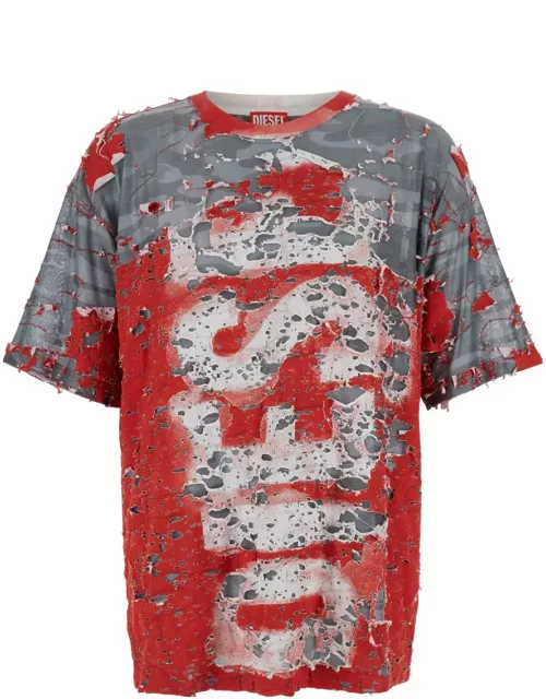 Diesel t-boxt-peel Red And Grey T-shirt With Destroyed Effect And Camouflage Print In Cotton Blend Man