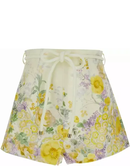 Zimmermann Yellow Bermuda Shorts With Floral Print In Linen Woman