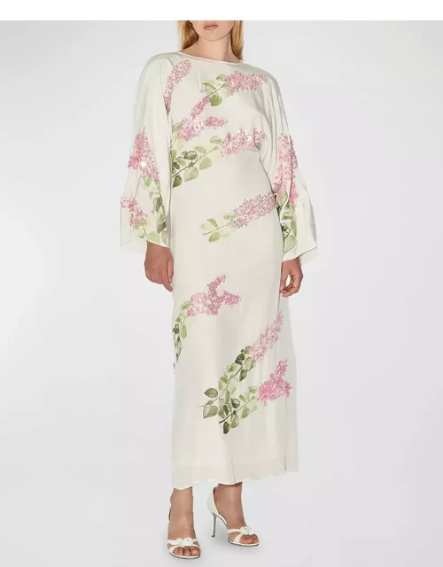 Emmanuelle Sequined Floral-Print Long-Sleeve Backless Maxi Dres