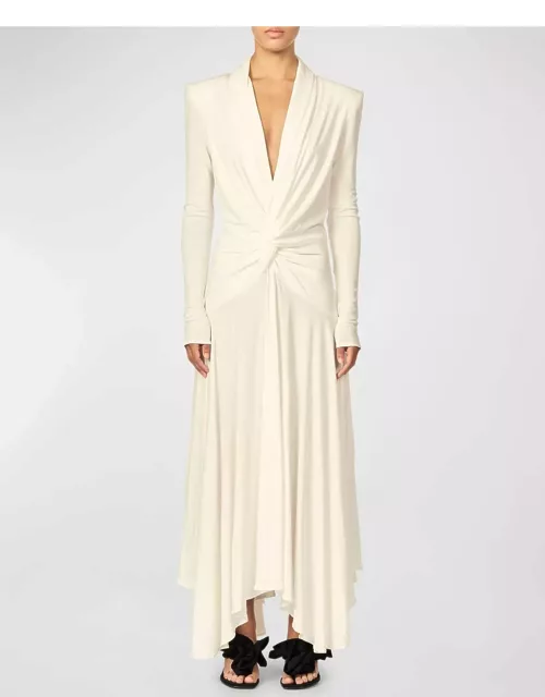Aria Plunging Twisted Strong-Shoulder Long-Sleeve Maxi Dres