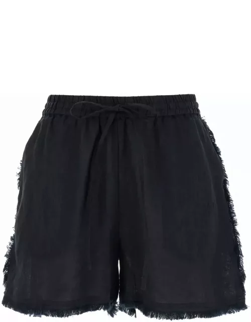 Parosh Black Shorts With Drawstring And Fringed Hem In Linen Woman