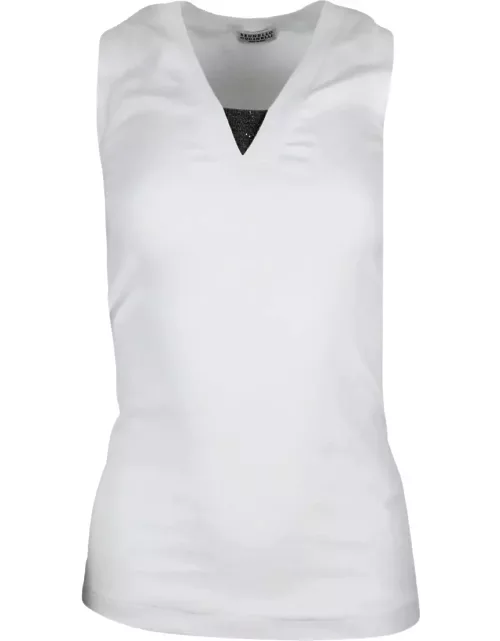 Brunello Cucinelli Tank Top T-shirt In Ribbed Stretch Cotton With V-neck And Monili