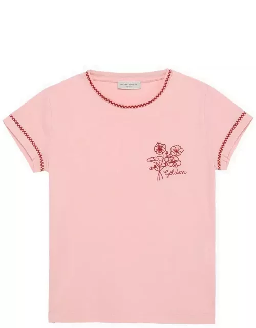 Pink cotton crew-neck T-shirt with embroidery