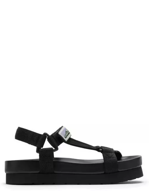 Black sandal in textile material with logo patch