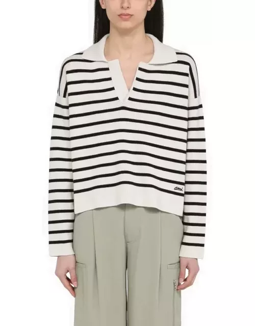 Chalk white/black striped sweater in wool and cotton