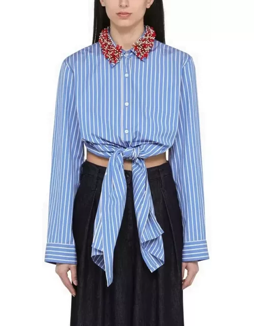 Blue striped shirt with beaded collar